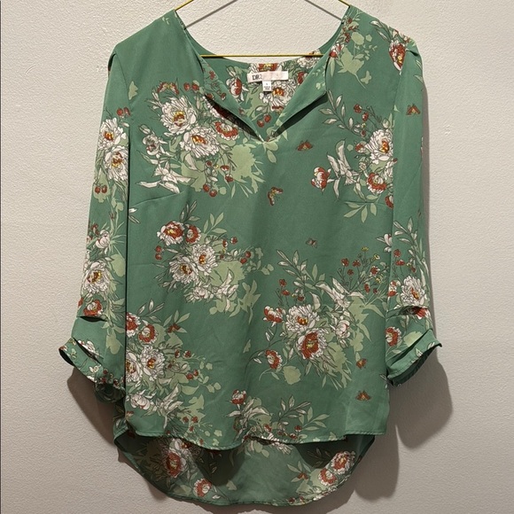 DR2 Small Green Floral Blouse with Cuffed Sleeves and Notched Collar - Picture 1 of 7
